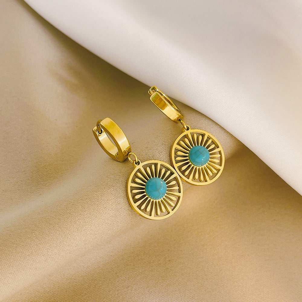 Geometric Round Hollow Earrings Turquoise French Retro