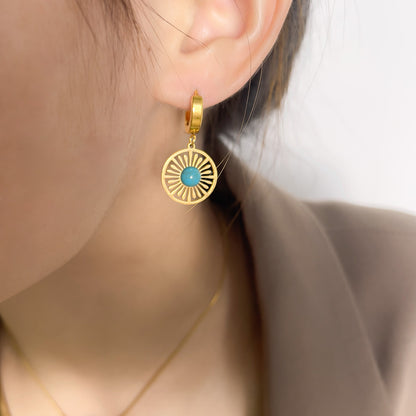 Geometric Round Hollow Earrings Turquoise French Retro