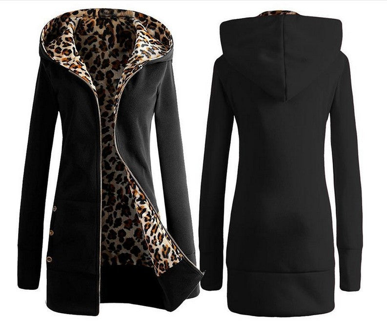 Hooded Thickening Leopard Print Sweater Plush Coat Female