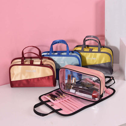 Set of travel cosmetic storage bags with clear pouches in burgundy, blue, and yellow.