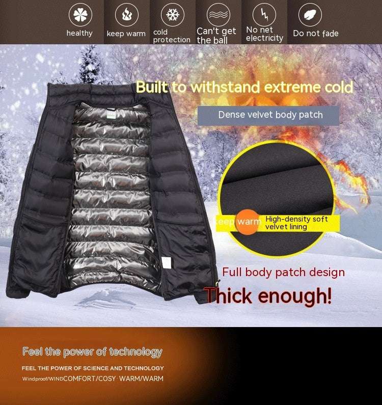 Black puffer vest with text highlighting features on a snowy background