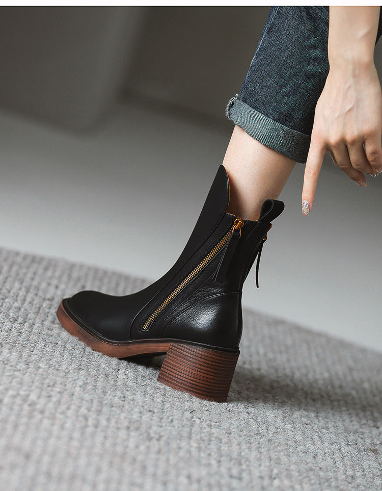 Thick Heel Brown Ankle Boots British Style Handsome