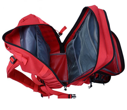 Red tactical backpack with open top and blue inner lining, showing mesh panels