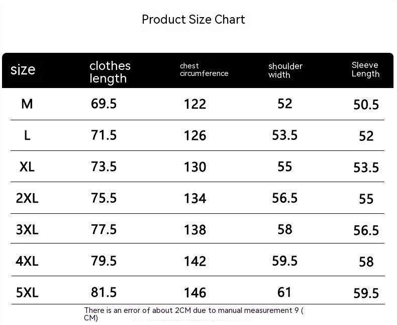 Product size chart for clothes with dimensions in centimeters