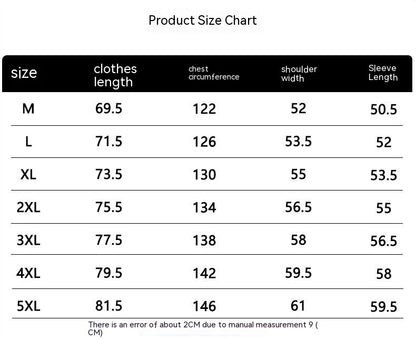 Product size chart for clothes with dimensions in centimeters