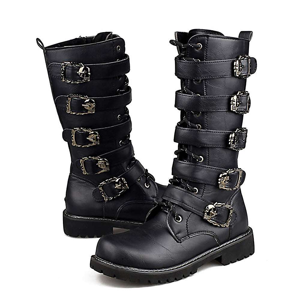 A pair of men's black Martin boots with metal accents and a high tube design.