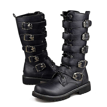 A pair of men's black Martin boots with metal accents and a high tube design.