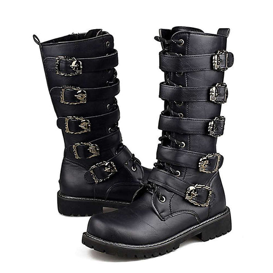 A pair of men's black Martin boots with metal accents and a high tube design.