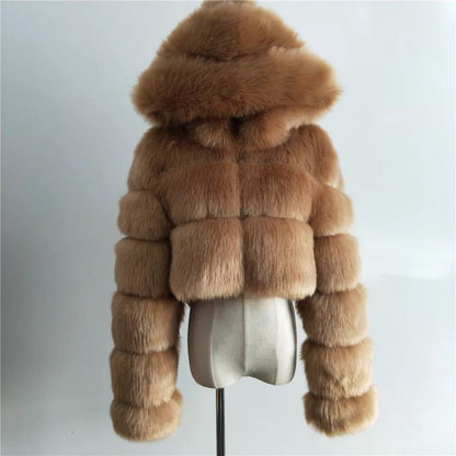 Women's Short Hooded Faux Fur Coat | Trendy Long Sleeve Plush Jacket Short hooded faux fur long sleeve coat | Ectron Online