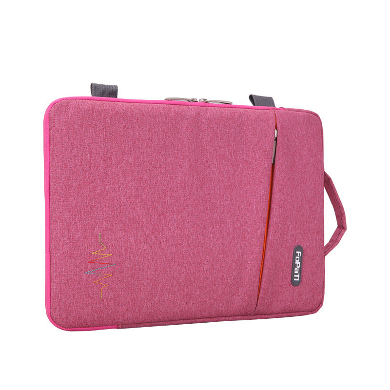 One-shoulder laptop liner bag, pink with orange zipper trim and front logo patch