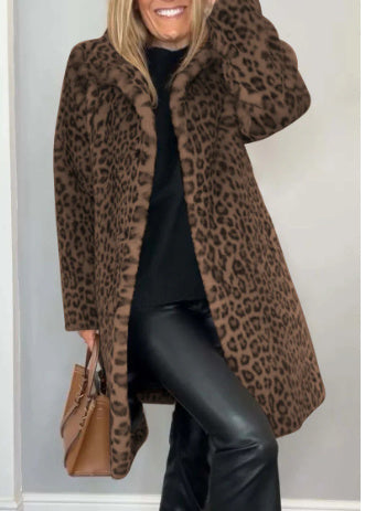Cozy Leopard Print Mid-Length Coat Fall Winter Leopard Print Plush Mid-leng | Ectron Online