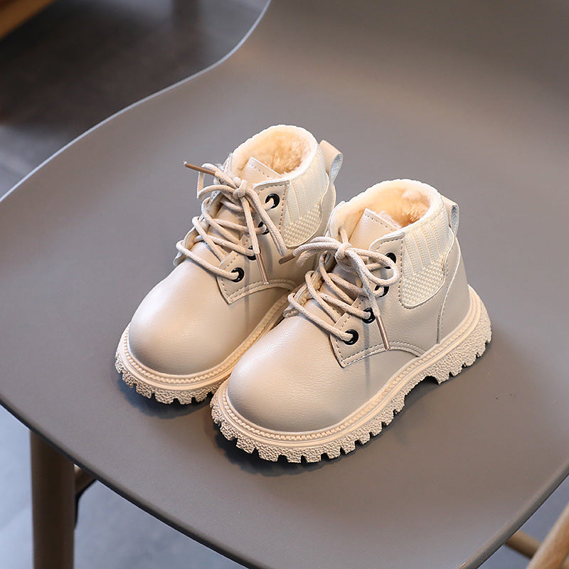Children's cream leather lace-up martin boots with faux-fur lining and treaded sole