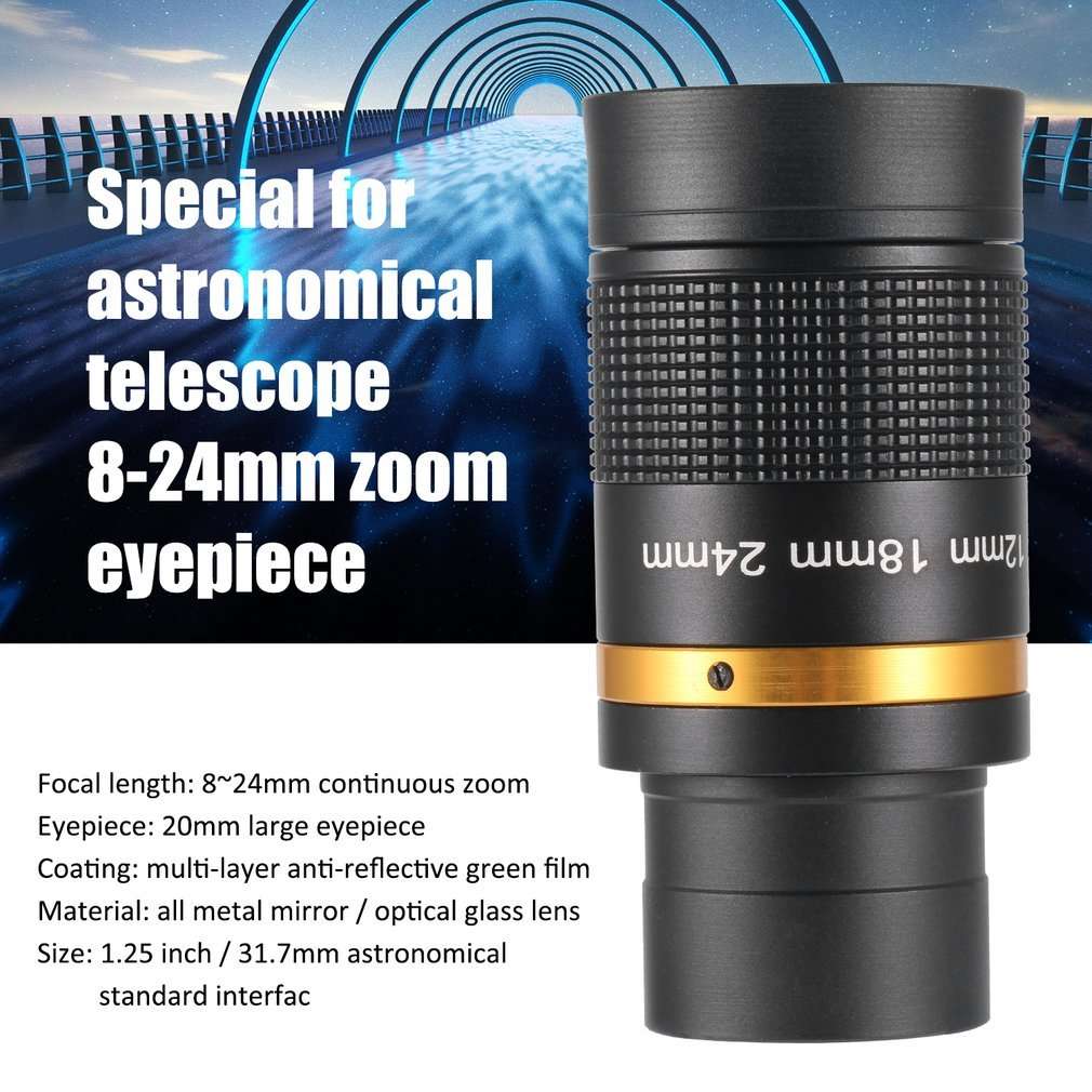 Astronomical telescope eyepiece with specifications on a dark background