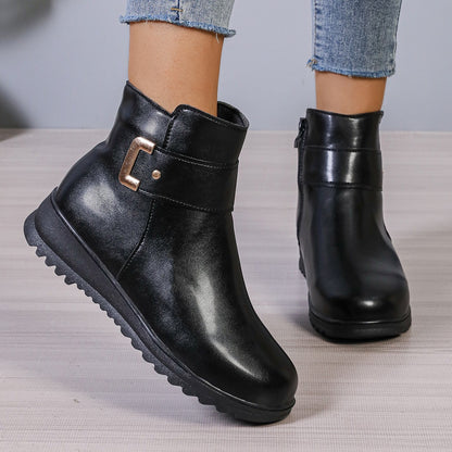 Women's Winter Fleece Ankle Boots | Non-Slip Side Zipper PU Shoes Winter Fleece Boots With Side Zipper Des | Ectron Online