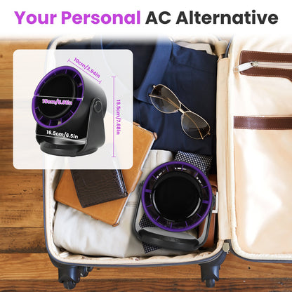 Rechargeable portable fan with purple LED ring, packed in a travel case