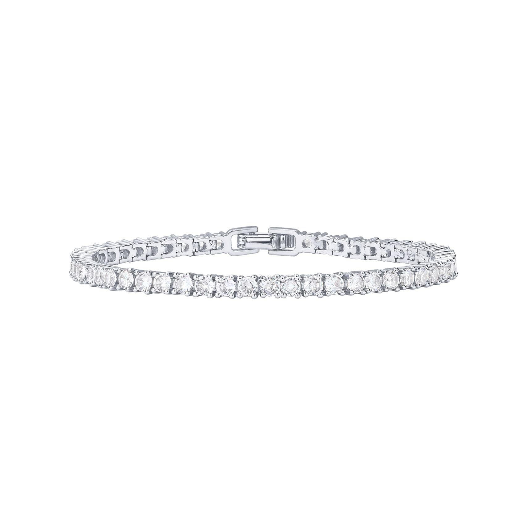 Silver diamond tennis bracelet with clear stones and center bar clasp