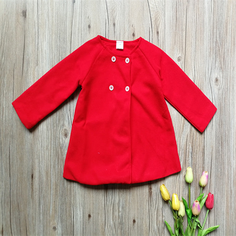 Kids trench coat in red with button front and long sleeves