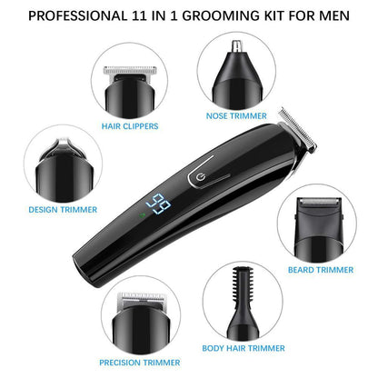 Professional 11-in-1 grooming kit for men with various attachments on a white background.
