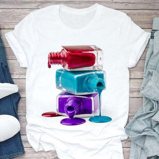 Nail Polish Bottle Print T-Shirt – Fun Short Sleeve Tee Nail Polish Bottle Print Short Sleeve | Ectron Online