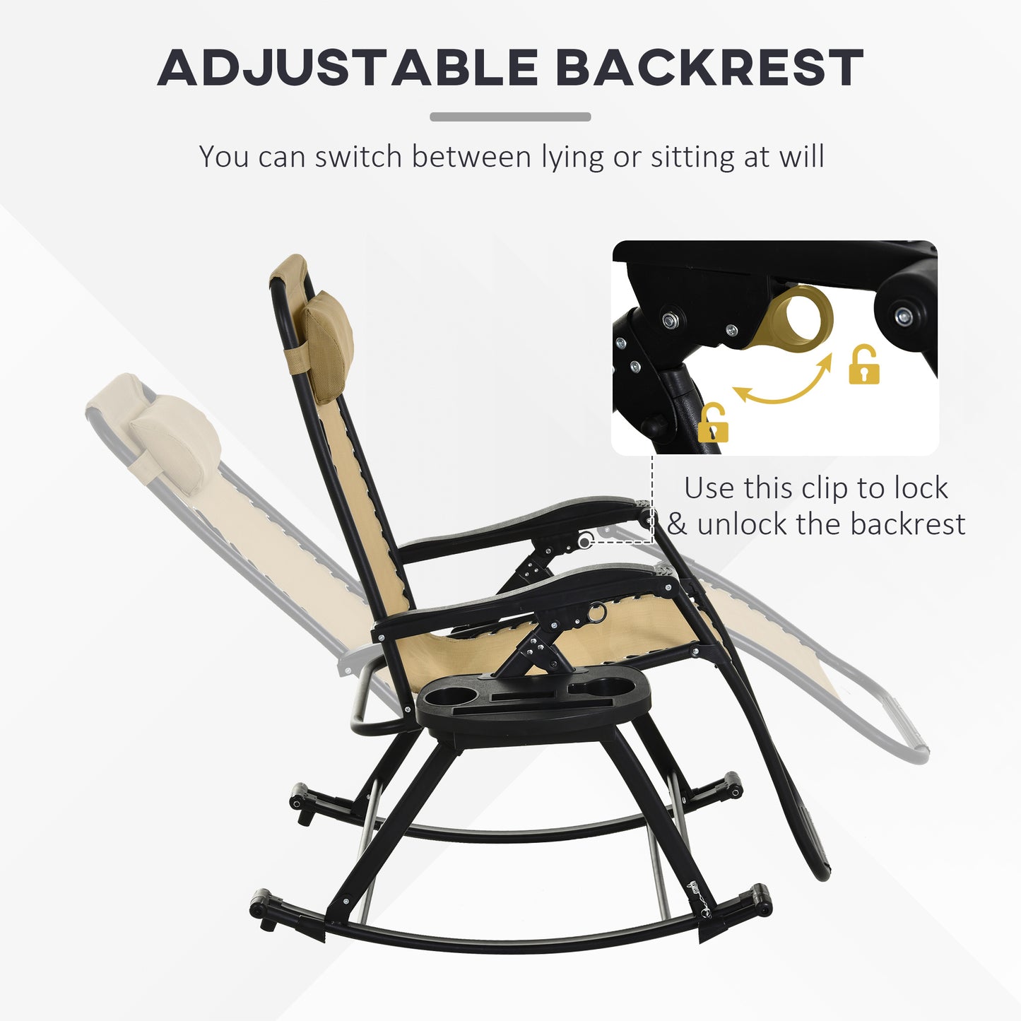 Foldable Zero Gravity Rocking Chair with Cup Holder & Pillow - Beige