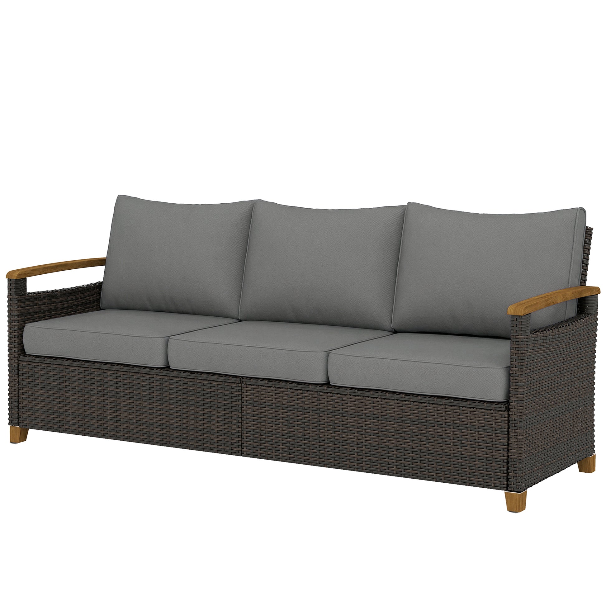 3-seater outdoor sofa with dark PE wicker body, gray cushions, and wood armrests
