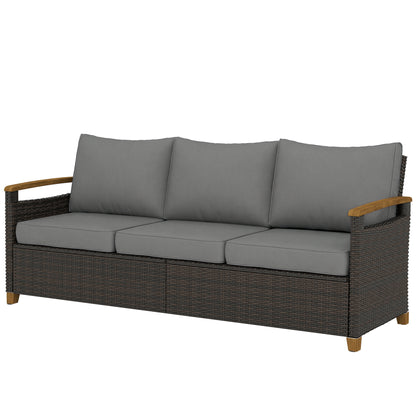 3-seater outdoor sofa with dark PE wicker body, gray cushions, and wood armrests
