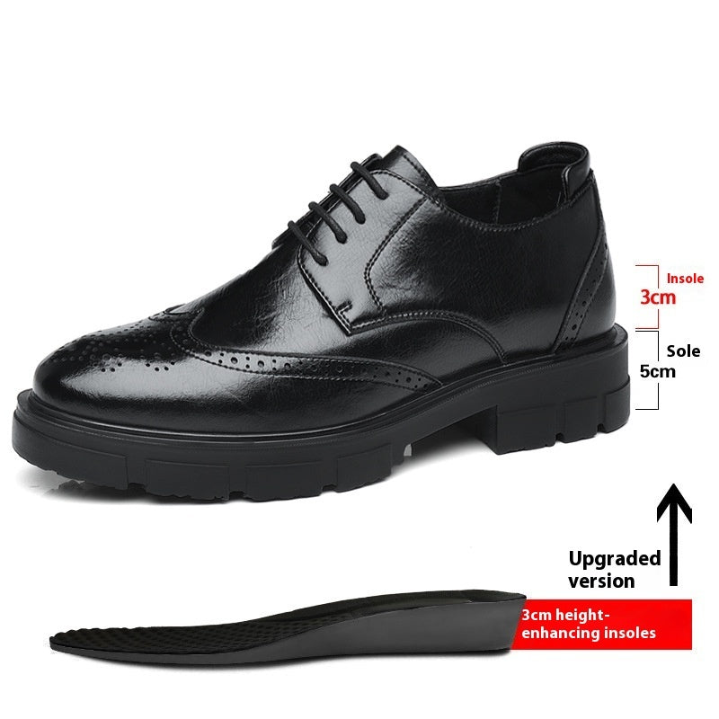 Black leather lace-up elevator shoe with thick sole and shown insole