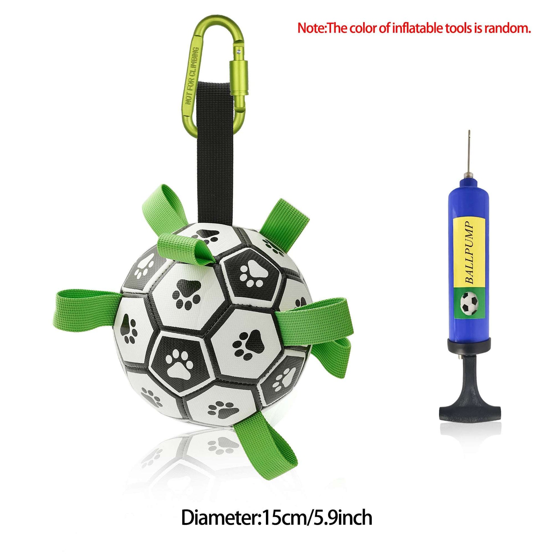 Dog football toy with green straps, paw-print panels, and yellow-green air handle with blue pump