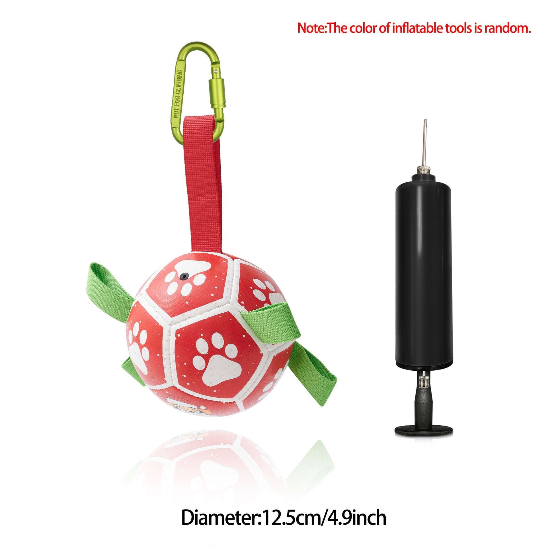 Inflatable dog football toy with red paw-print panels, green straps, and yellow-green air handle