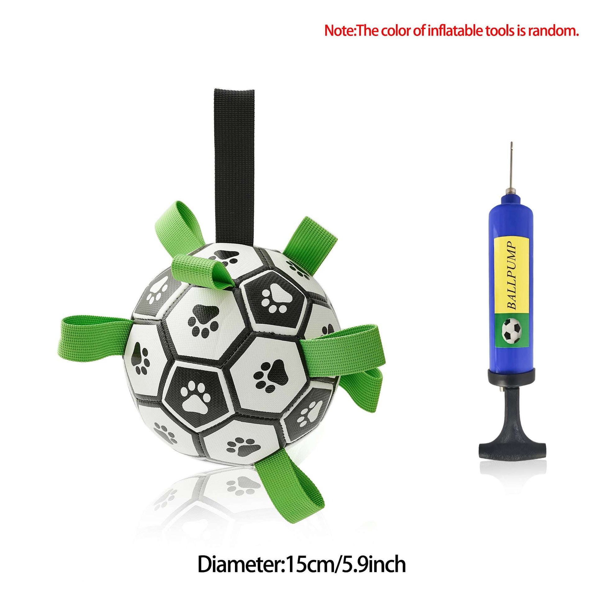 Dog football toy with green straps, paw-print panels, and blue air pump cylinder