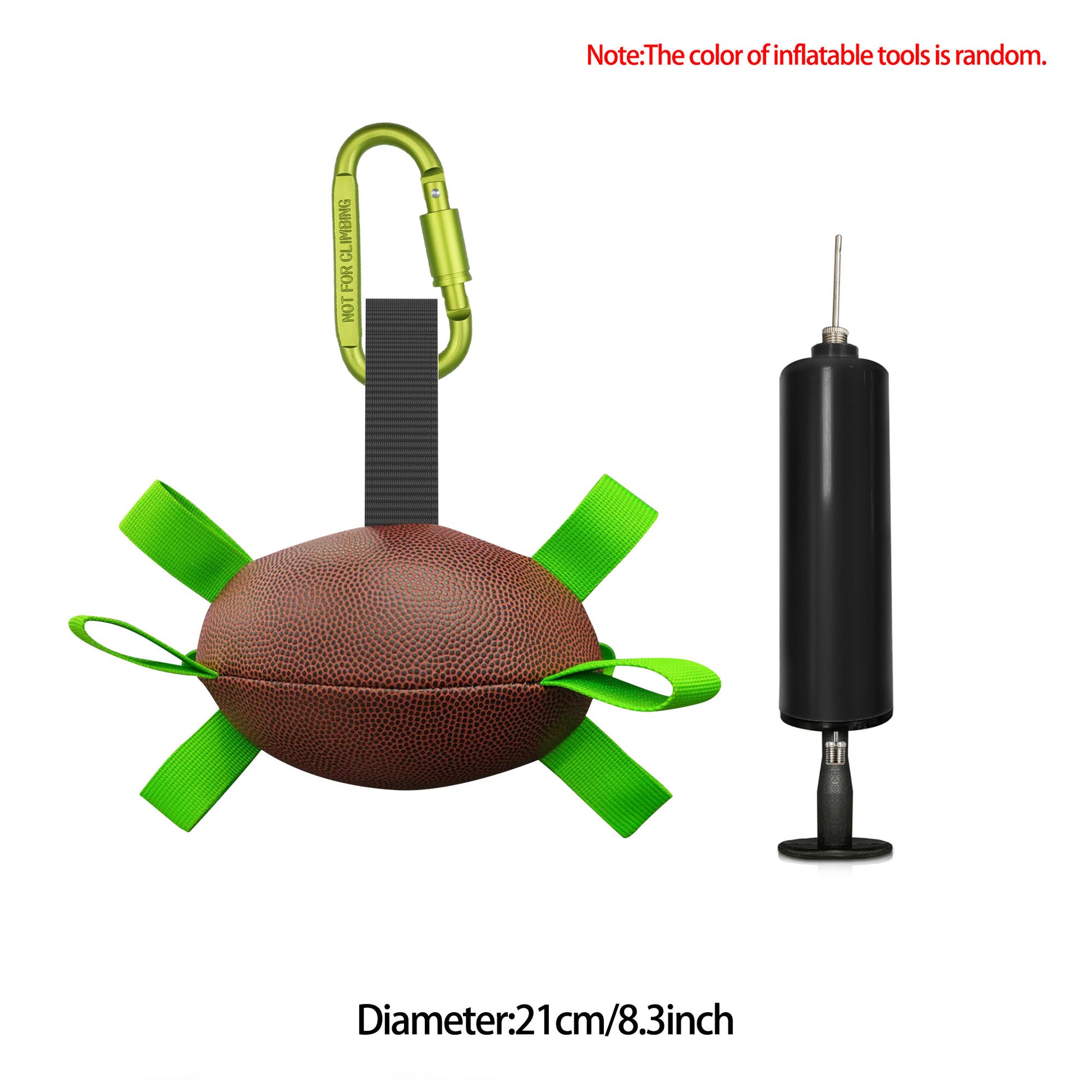 Inflatable dog football toy with brown ball, green straps; lime handle and black pump