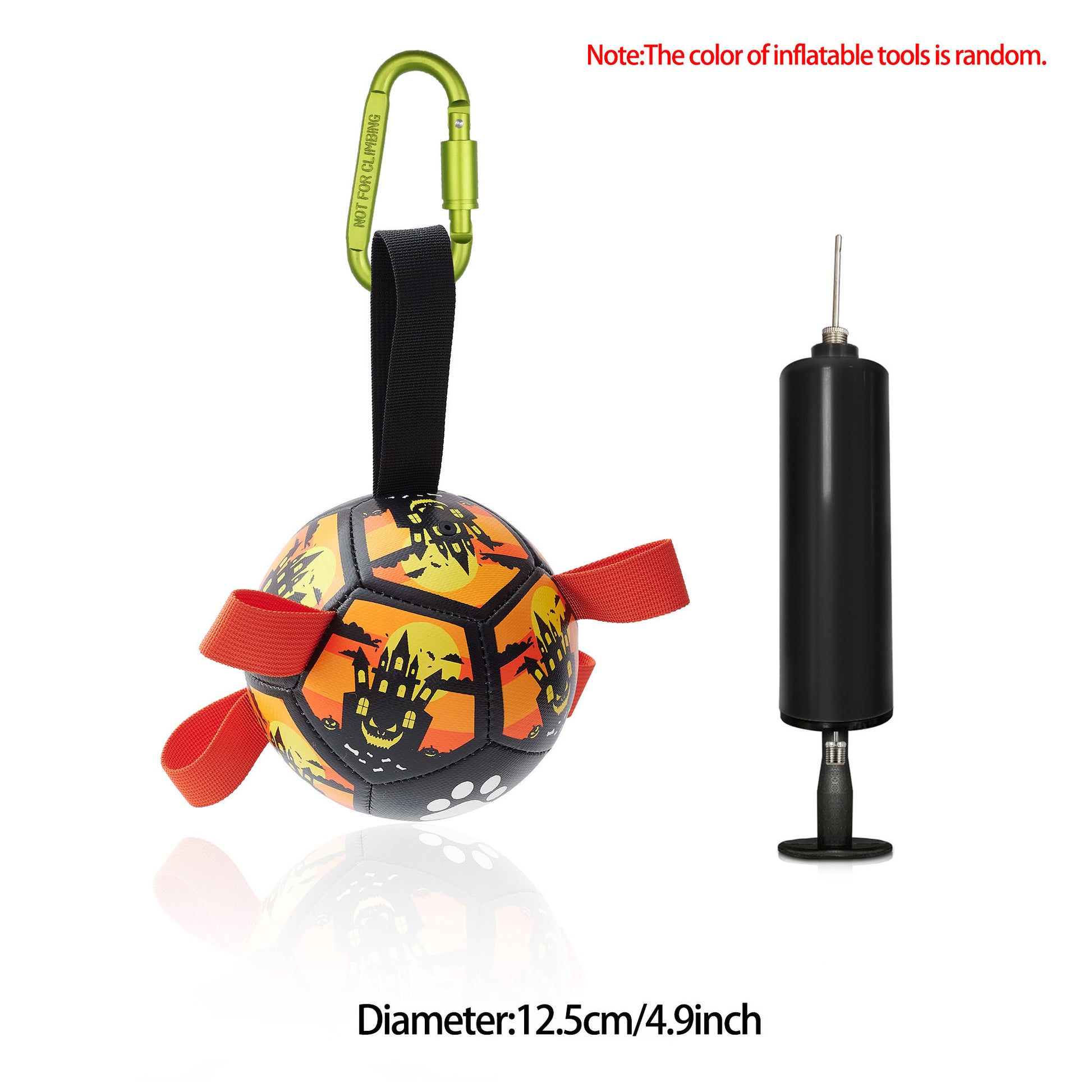 Inflatable dog football toy, orange-and-black ball with red straps; green handle and pump