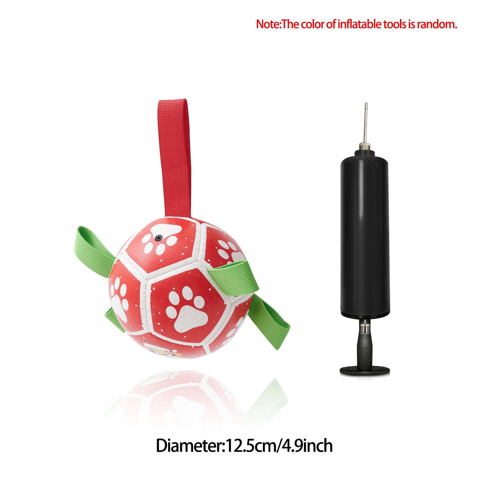 Inflatable dog football toy with red paw-print panels, green straps, and black air pump