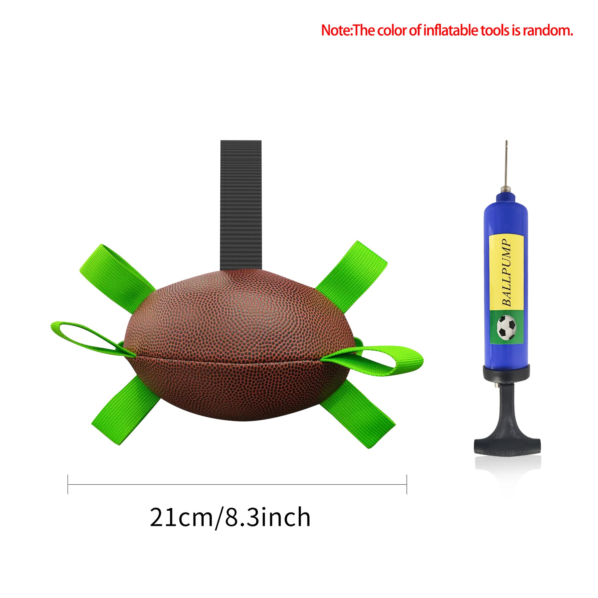 Inflatable dog football toy with brown ball and green straps; blue pump included