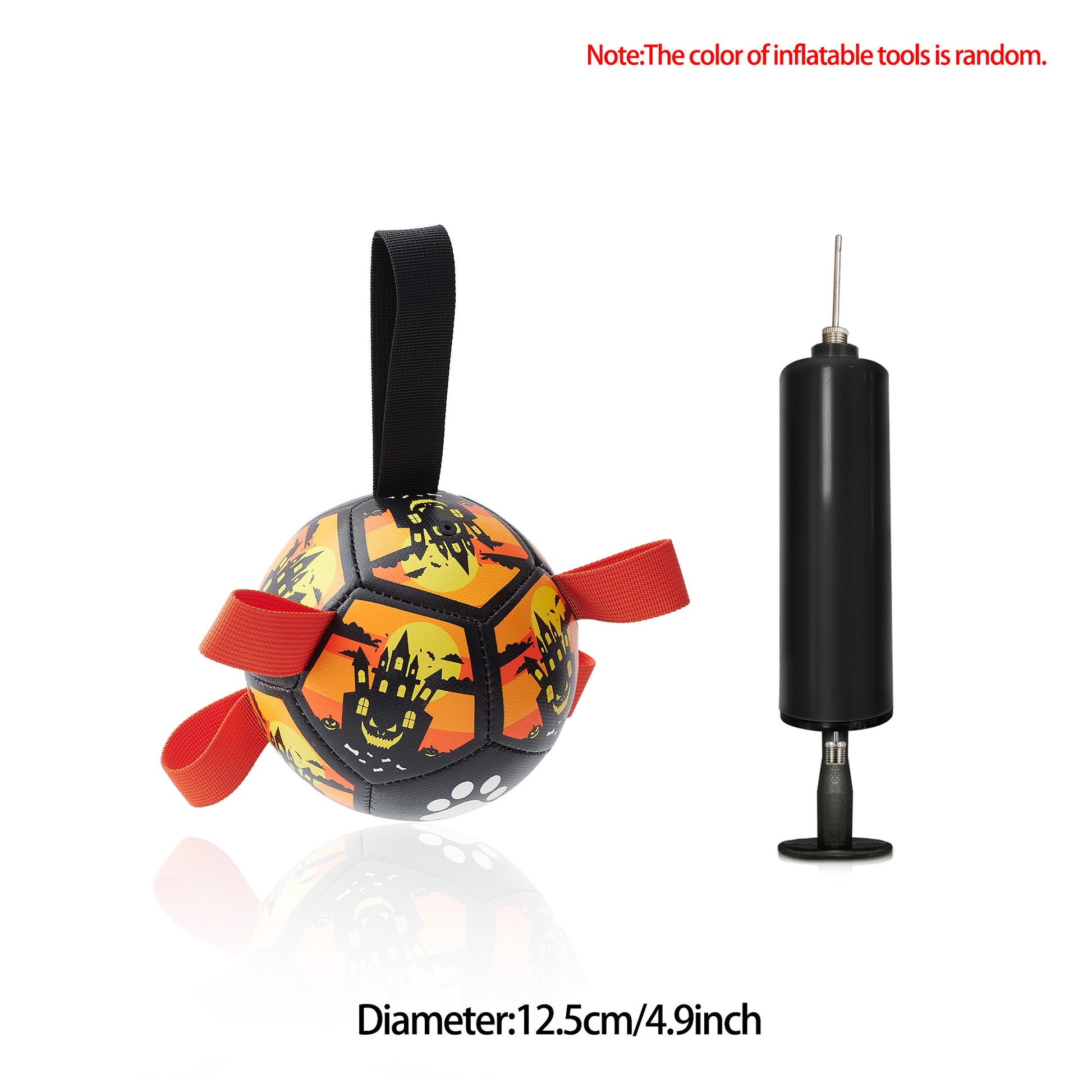 Inflatable dog football toy, orange-and-black ball with red straps; includes pump