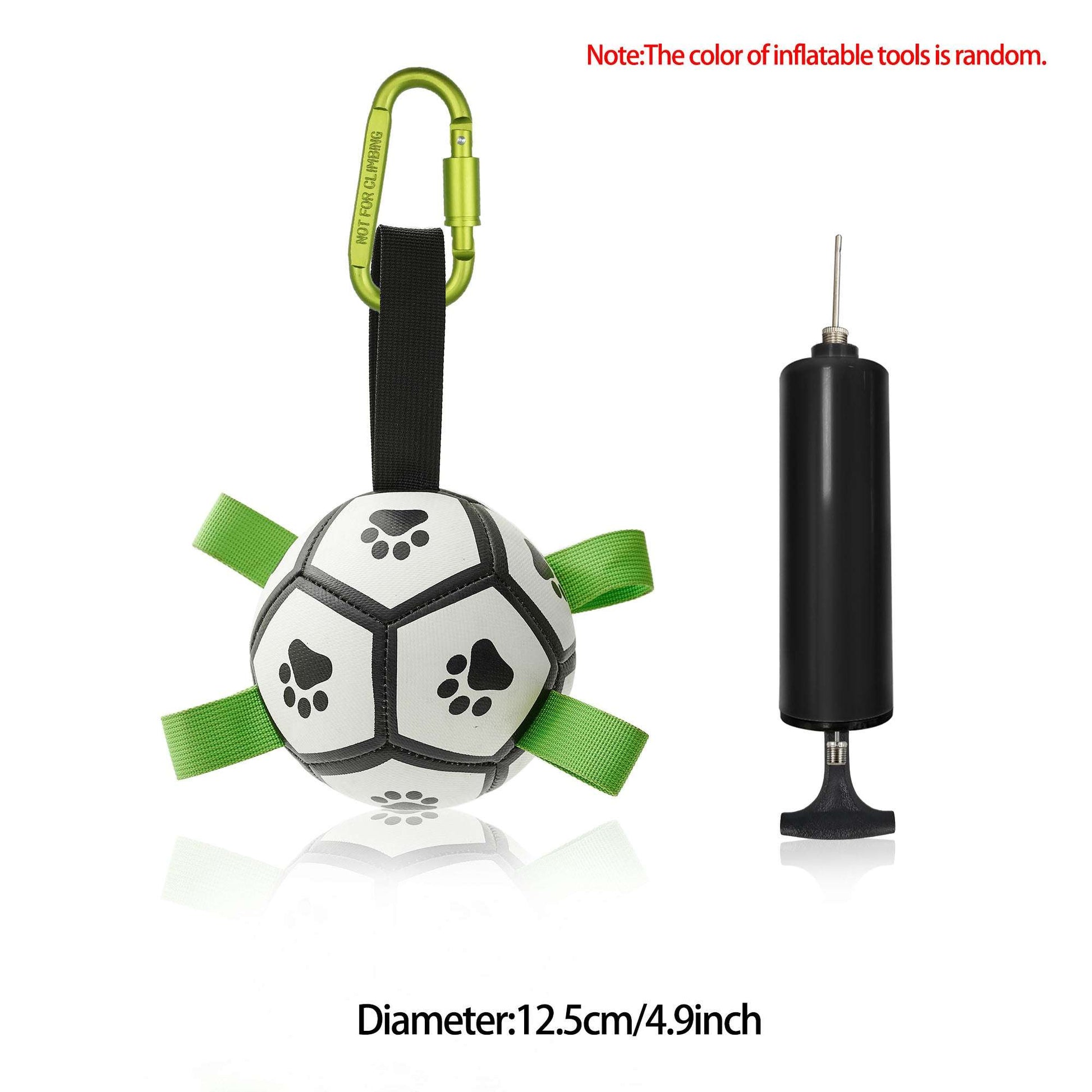 Inflatable dog football toy with green straps and paw-print panels, plus yellow-green air handle