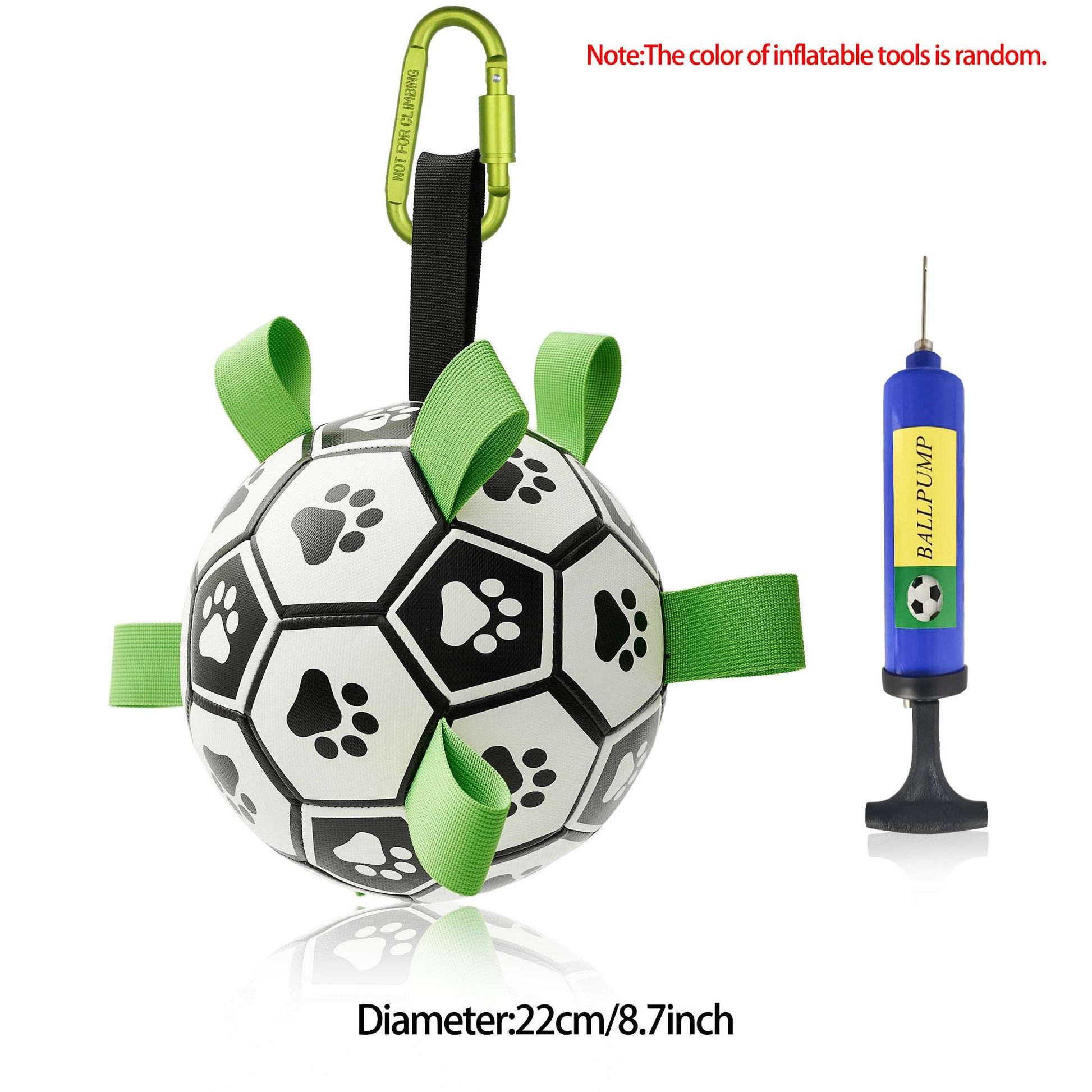 Inflatable dog football toy, extra-large size, with green straps, paw-print panels, and yellow-green loop