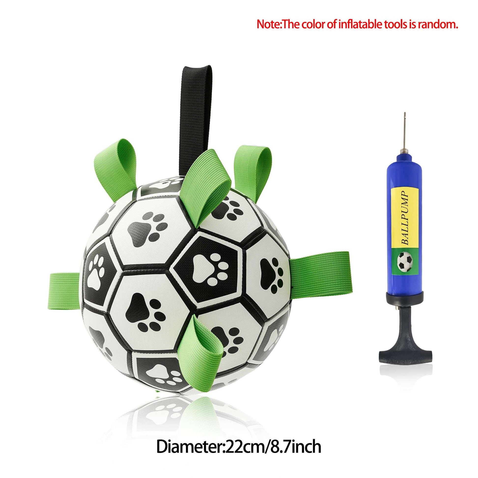 Inflatable dog football toy, extra-large size, with green straps, paw-print panels, and blue air pump