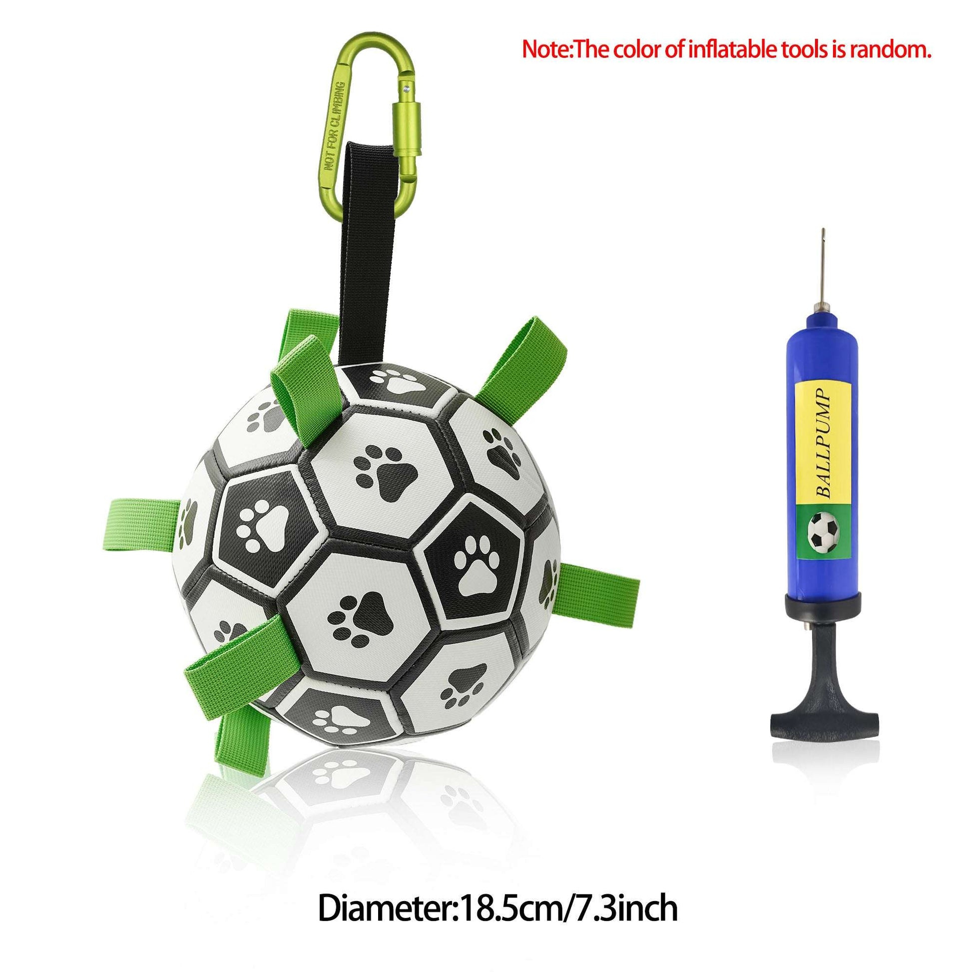 Inflatable dog football toy, larger size, with green straps, paw-print panels, and yellow-green loop
