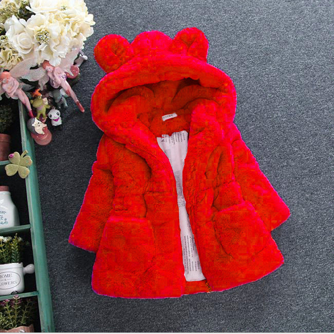 Girls' red fur coat with hood and bear-ear style, front zipper closure and pockets