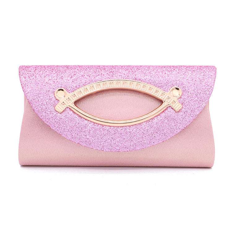 Pink sequin clutch bag with rose-gold oval clasp and snap front