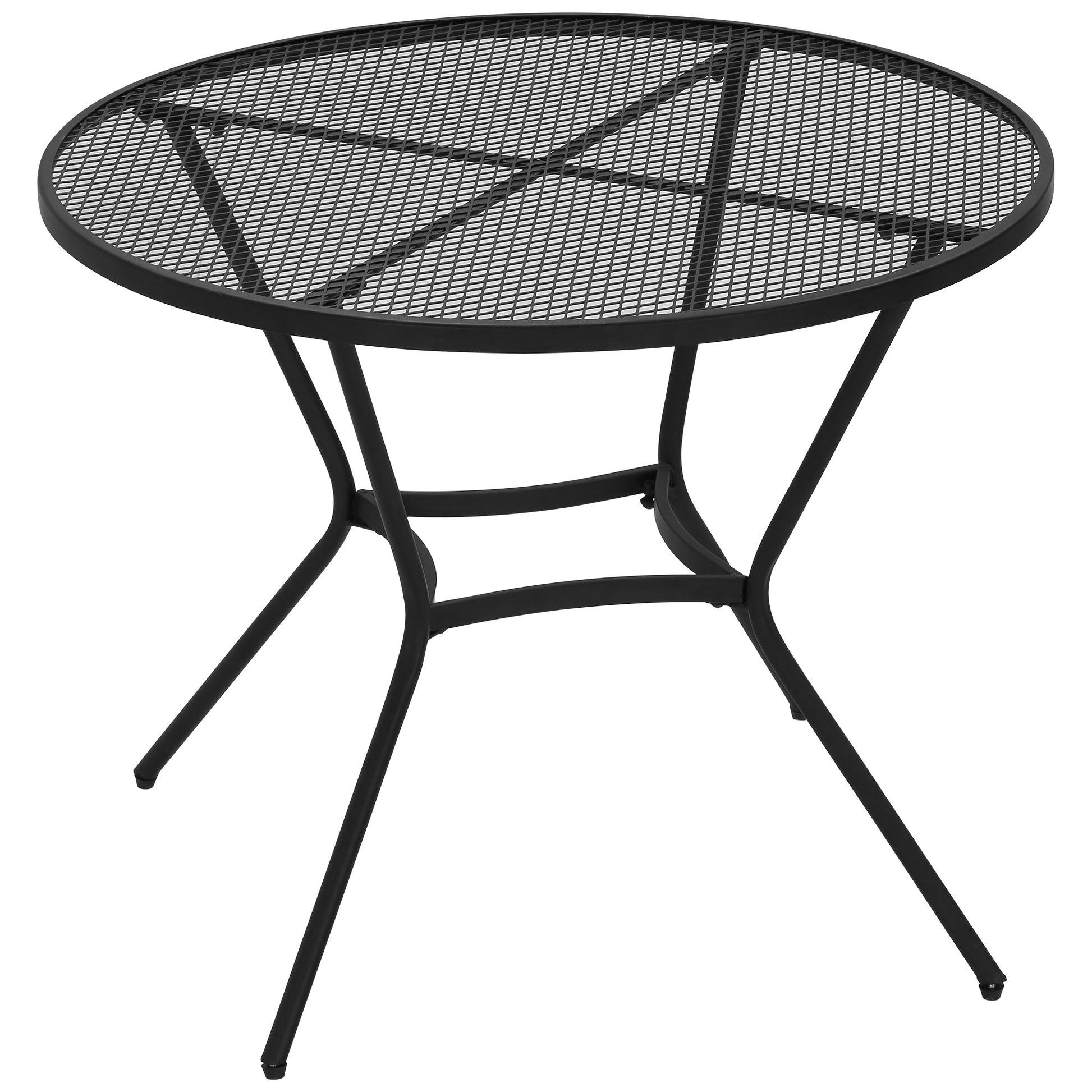 Black round metal mesh bistro table with circular top and four angled legs