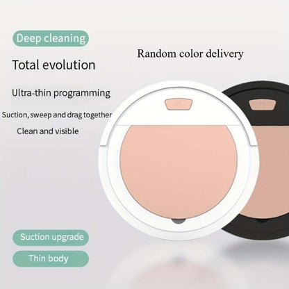 White smart vacuum robot with pink top panel and side brush mounts, front view.