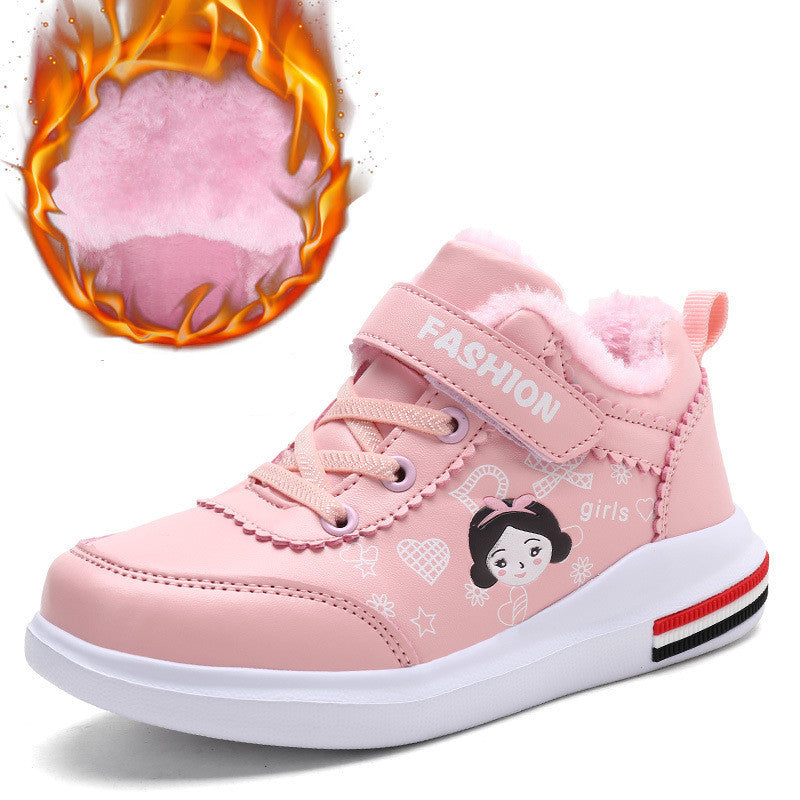 Pink girls' fleece-lined high-top sports shoes with cartoon graphics and white sole