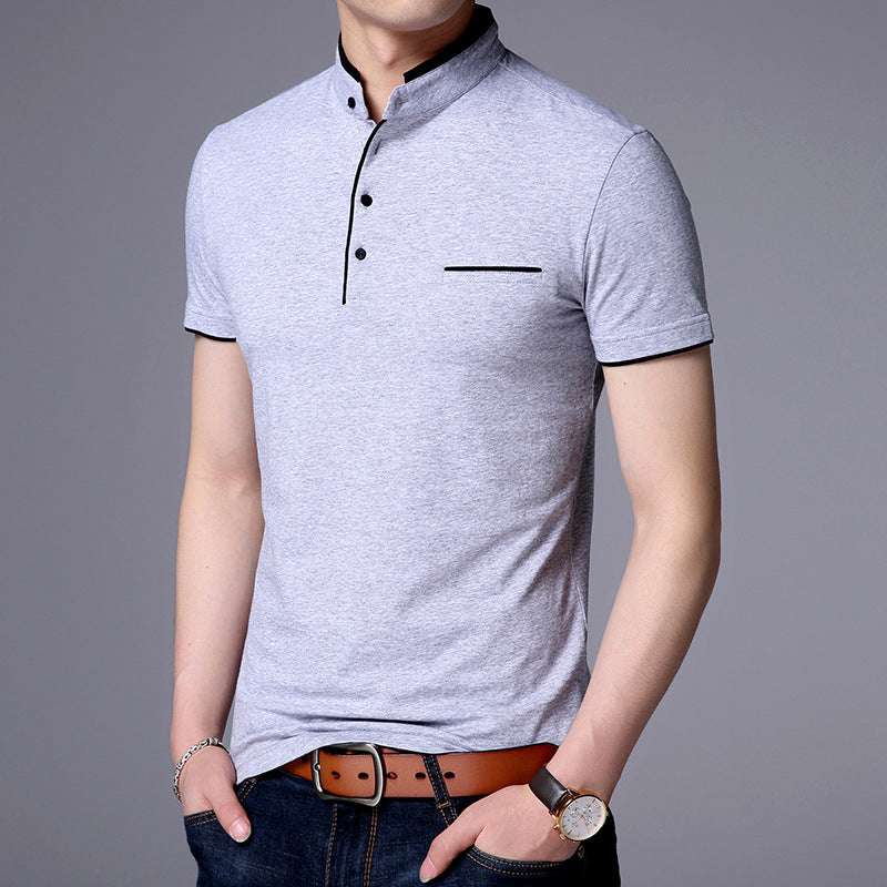 Casual Solid Colour Cotton Shirt – Stand Collar Short Sleeves Casual solid color stand collar cotton s | Ectron Online