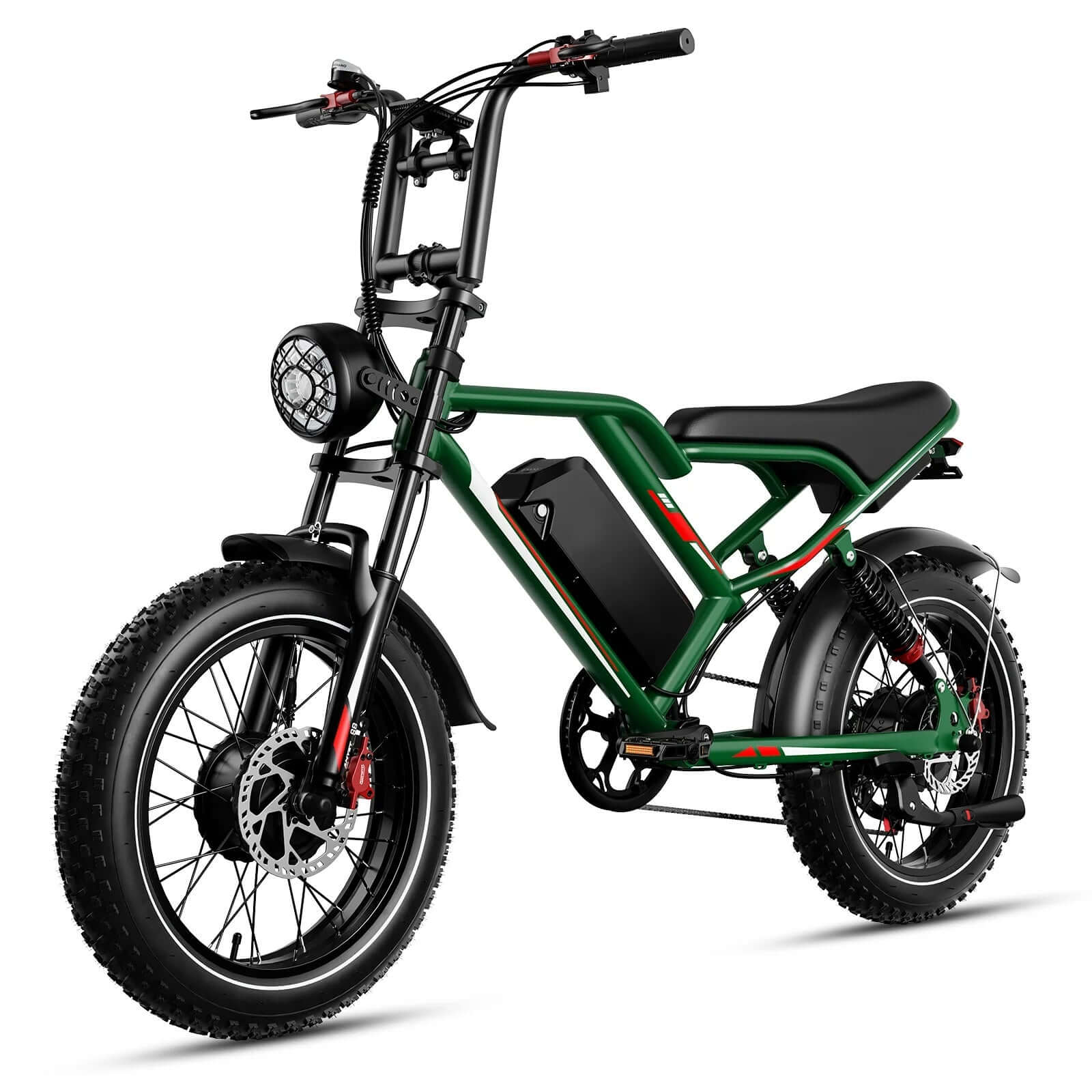 Green fat-tire electric bike with front suspension, disc brakes, and rear cargo rack