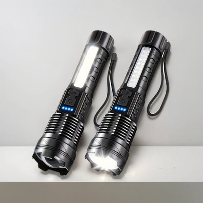 Pair of black flashlights with blue indicator buttons and bright LED head glow