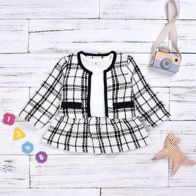 Kids' two-piece plaid dress suit with black-trim button jacket and flared peplum dress