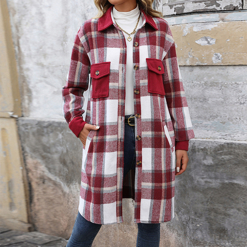 Women's Brushed Plaid Long Coat with Pockets New Brushed Plaid Long Coat With Pockets | Ectron Online