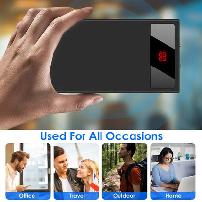 Black ultra-thin power bank held in a hand with a red battery indicator.